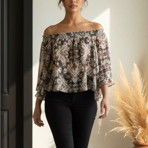 Shyanne Off-Shoulder Patterned Blouse in Cream and Brown